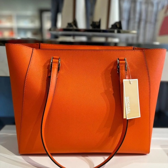 Michael Kors Charlotte Large‎ Leather 3-in-1 Tote Crossbody Handbag poppy color - Picture 7 of 9